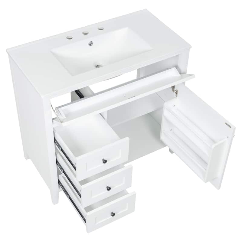 36-Inch Bathroom Vanity with Sink, Modern MDF and Rubberwood Cabinet with 3 Drawers and Adjustable Shelf, Freestanding Vanity