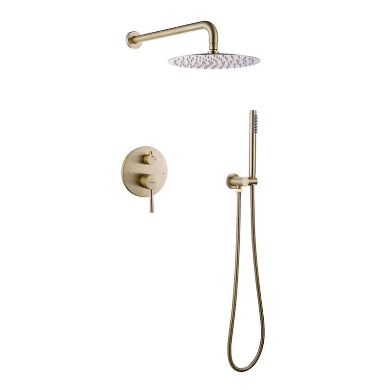 1-Spray Patterns Wall Mount Dual Shower Heads with Handheld Shower Head Set in Brushed Gold - 10 inch