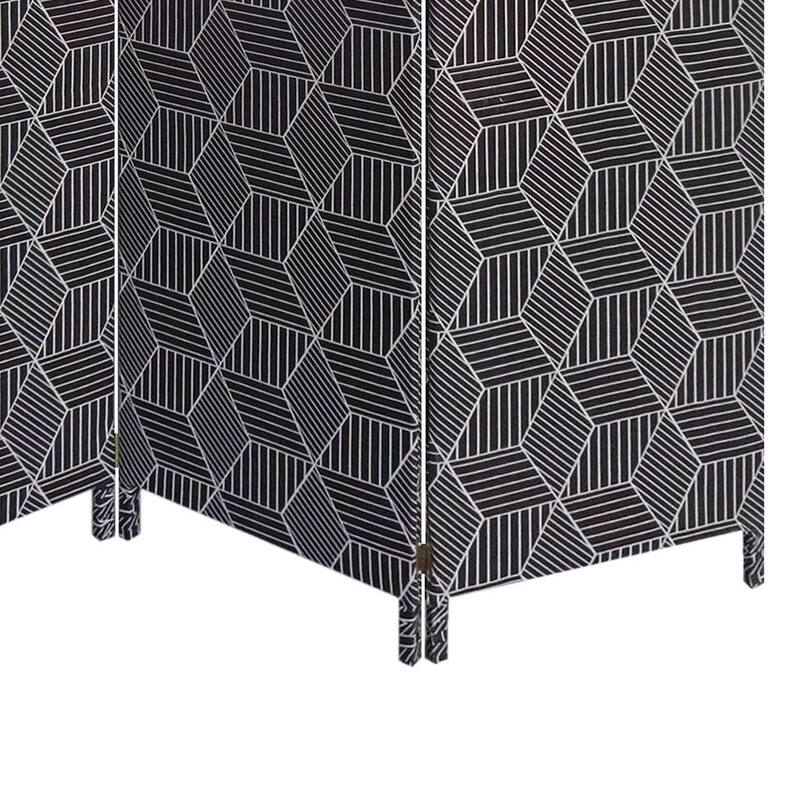 71 Inch 3 Panel Fabric Room Divider with Geometric Print, Black