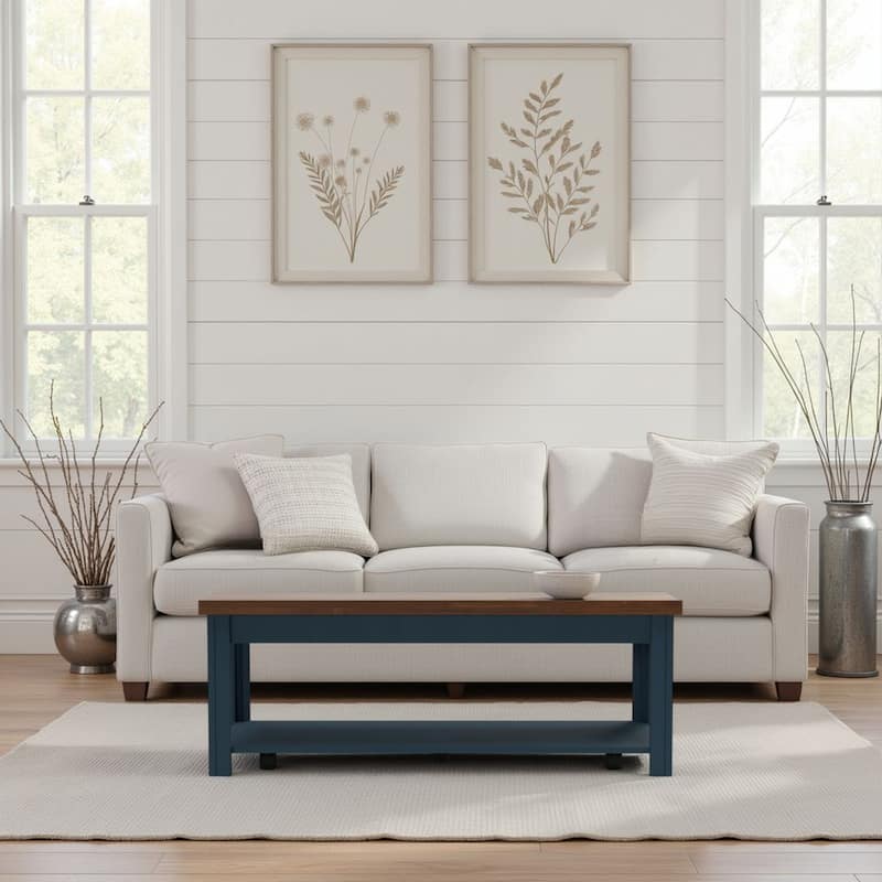 Bridgevine Home Nantucket 48 inch Coffee Table, No Assembly Required, Blue Denim and Whiskey
