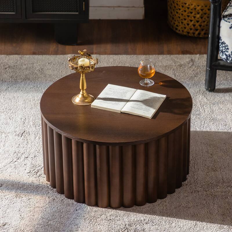 Round Coffee Table With Lift Handcrafted Relief Sturdy Pedestal Wooden Tea Table for Living Room no need to Assemble