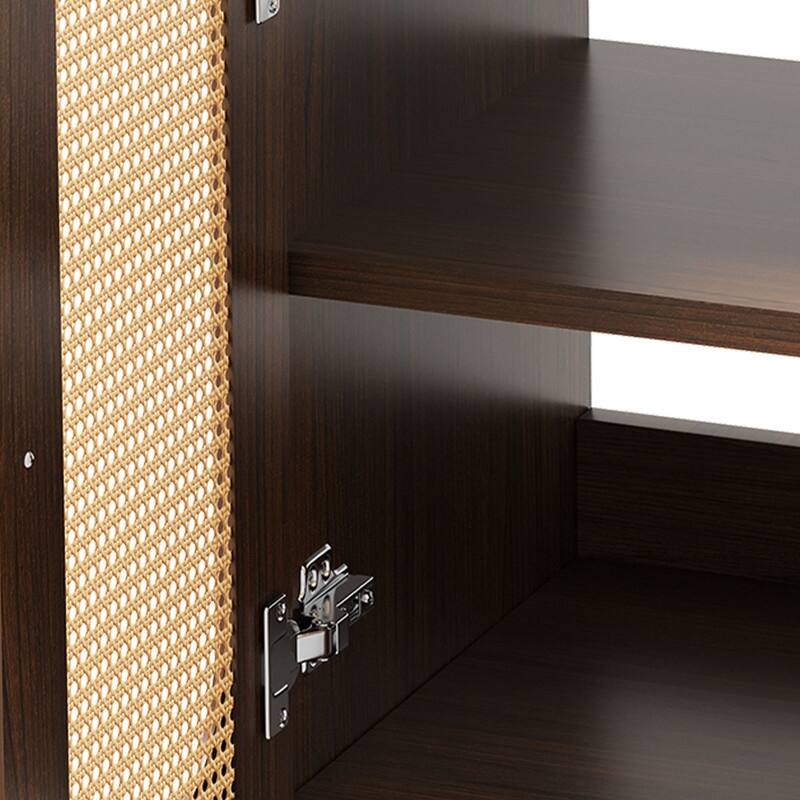 Moasis 24" Bathroom Vanity with Ceramic Sink, Rattan Double Door Cabinet and Drawer, Freestanding Solid Wood Legs