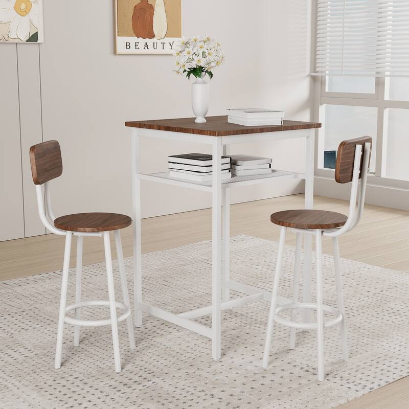 3-Piece Bar table set,equipped with 2 bar stools, with backrest and partition - beige brown
