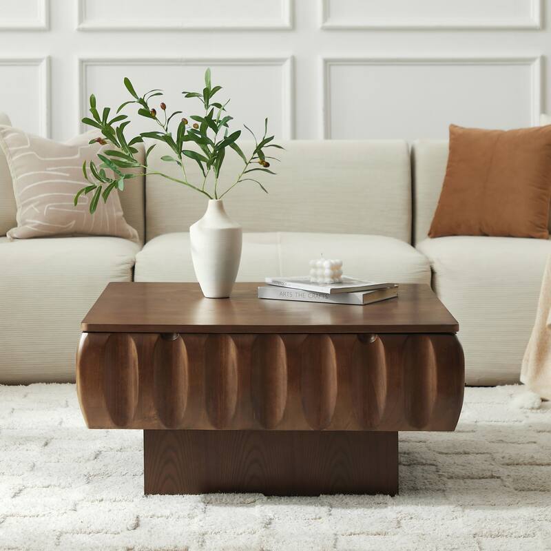 Square Lift-Top Coffee Table with Solid Wood Frame and Hidden Storage