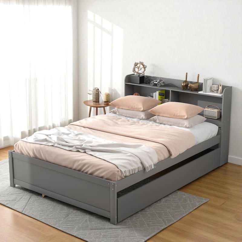Twin/Full Bed Frame with Pull-Out Trundle and Bookcase Headboard, No Box Spring Needed