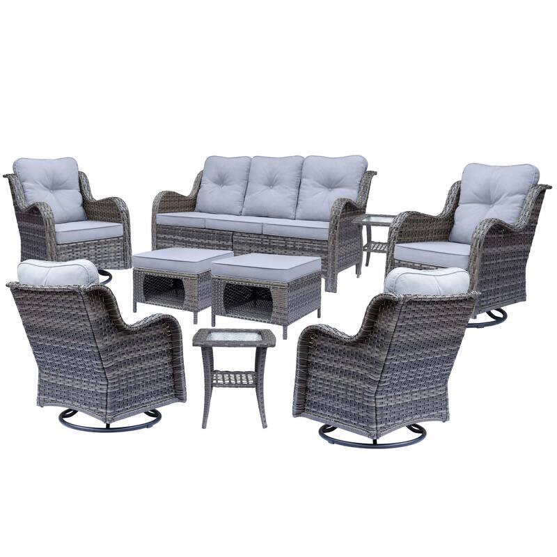 Gray Rattan Outdoor Patio Conversation Sets with Swivel Rocker Chairs