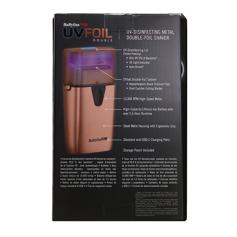 BaByliss Pro LIMITED EDITON UVFOIL UV-Disinfecting Metal Double Foil Shaver #FXLFS2RG (Rose Gold) + Fade Brush + 9" Comb
