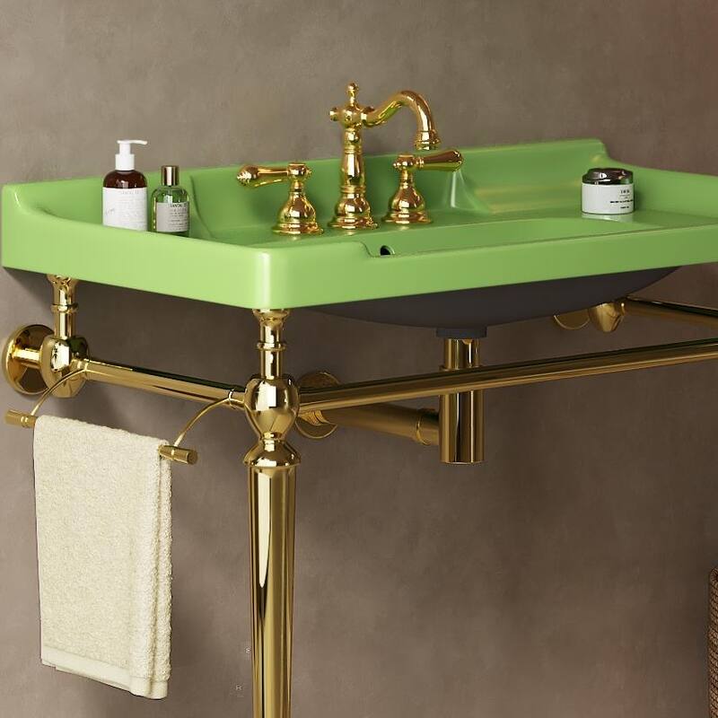 28" Wall-Mounted Console Sink with Stainless Steel Legs, White Ceramic Vanity Basin & Towel Bar