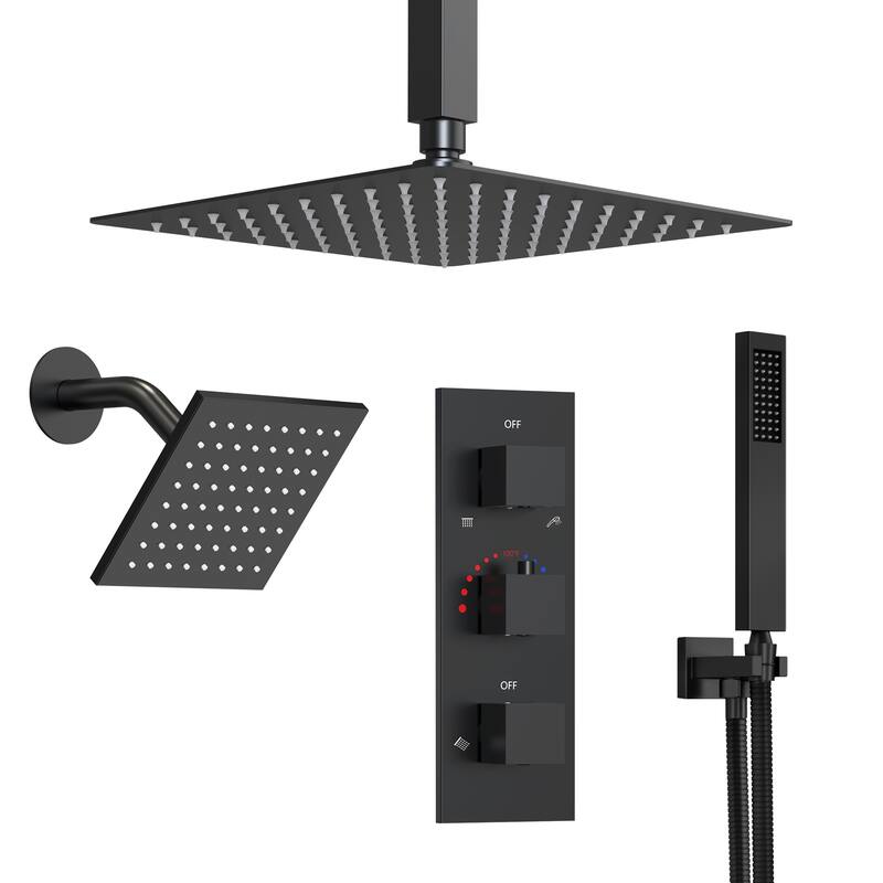 GRANDJOY 12" Dual‑Rain Shower System with Handheld, Ceiling and Wall‑Mount Heads, Thermostatic Valve and High‑Flow Design - Matte Black