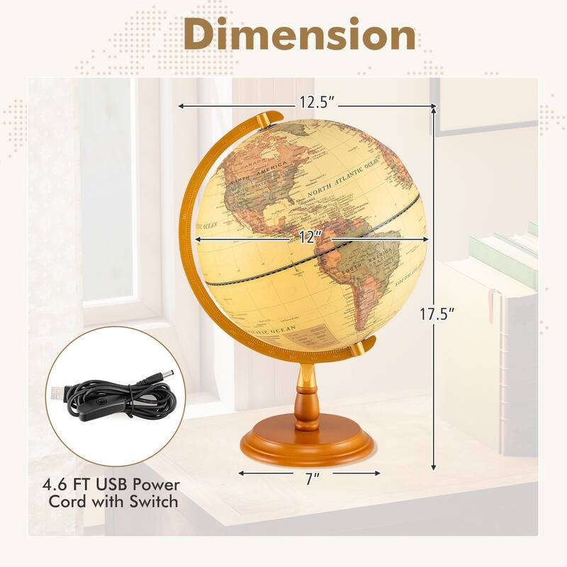 Gymax 12'' Illuminated World Globe w/Raised Relief LED Lights & Time