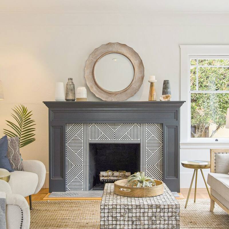 30" Bohemian Beige Round Wooden Decorative Bathroom Vanity Wall Mirror