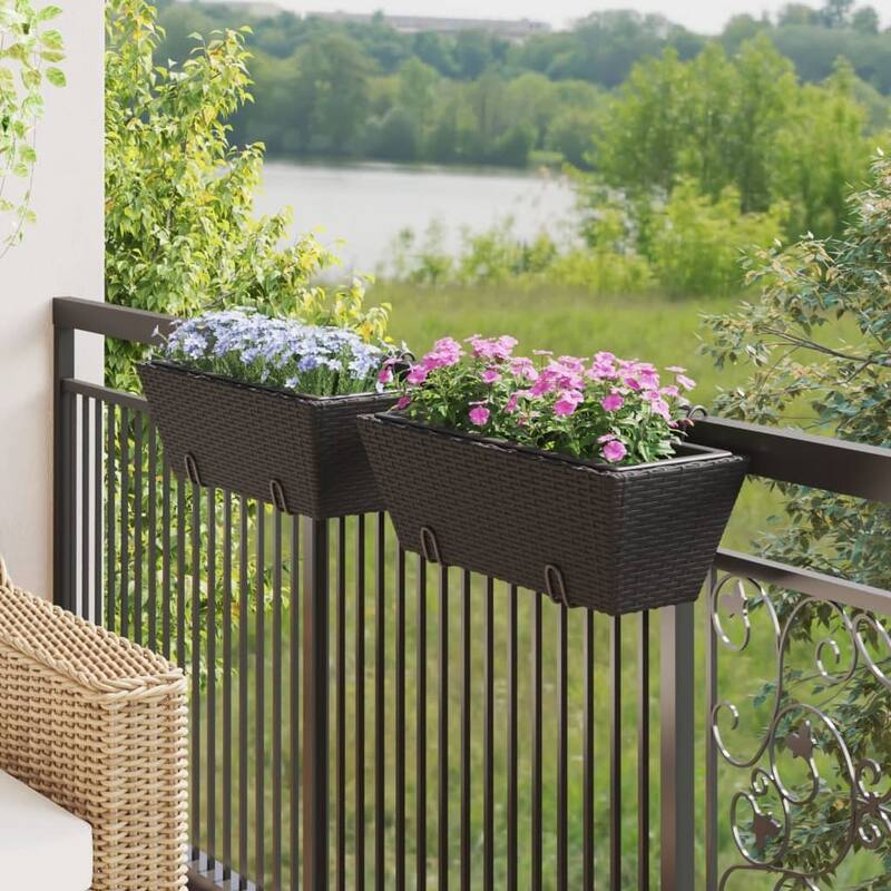 vidaXL Planter Black PE rattan Medium Hooks Planter Trapezoidal - 8.7 x 21.3 x 7.1 in