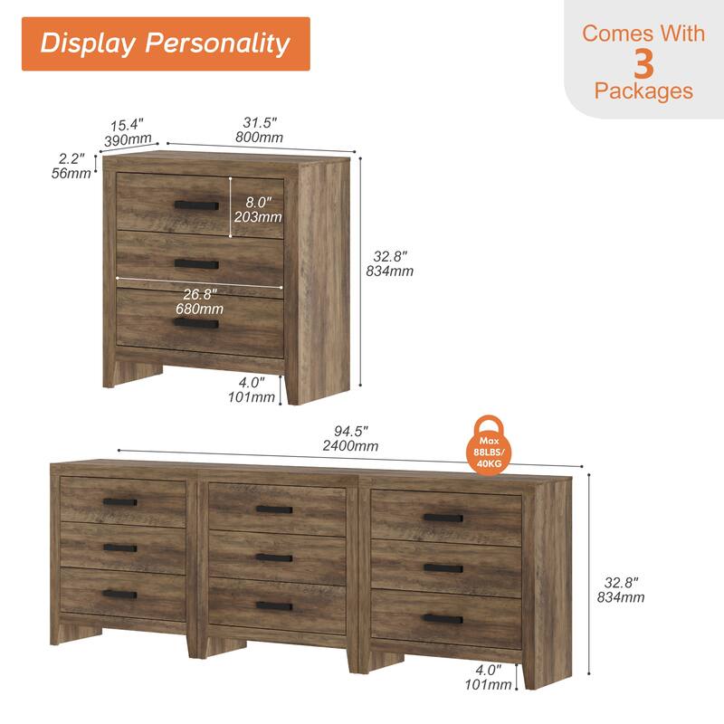 WAMPAT Farmhouse 3-Drawer Dresser, Wooden Chest of Drawers, Modern Storage Organizer & Nightstand for Bedroom, Living Room