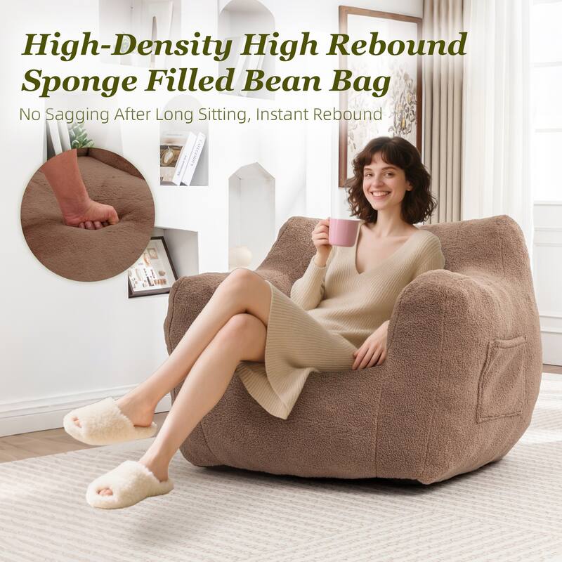 HOMEFUN Teddy Fabric Upholstered High-Density Foam Bean Bag Sofa Chair with Armrests