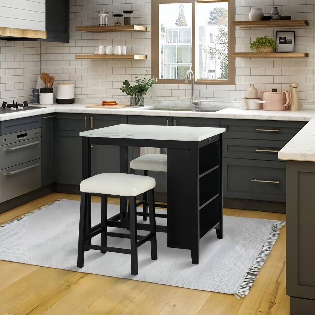 Black Bar Table and Chairs Tall Kitchen Breakfast Nook with Stools, Storage Shelves