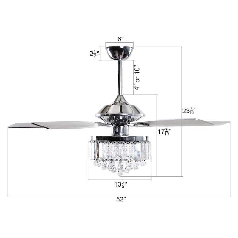 52" Chrome Downrod Mount Crystal Chandelier Ceiling Fan with Light and Remote Control - 52 in. W X 52 in. D X 20.5 in. H