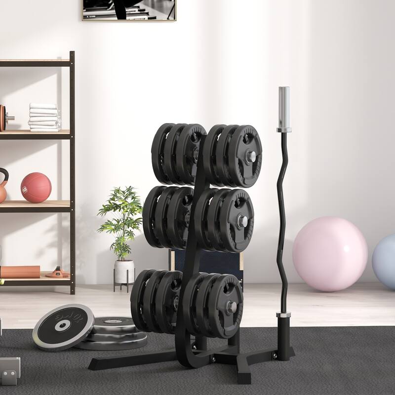 Steel Weight Tree Rack with 6 Plate Posts & 3 Barbell Holders - 29.5" L x 29.5" W x 39.4" H