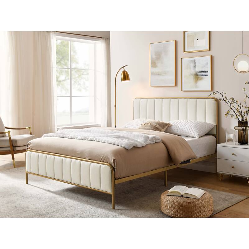 Upholstered Queen Bed Frame with Tufted Headboard Modern Design - Beige