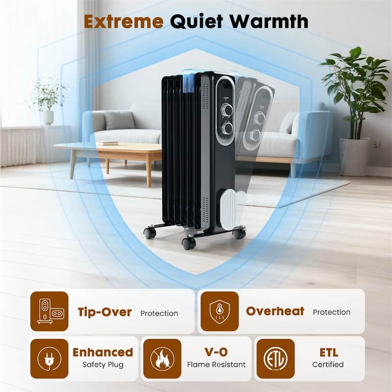 Oil Space Heater, Portable Radiator Heater with 3 Heat Settings, 1500W Thermostat, Tip-Over Protection