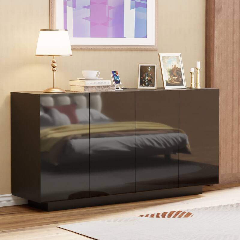 4-Door LED Lighted Buffet Cabinet with RGB Lights Sideboard Storage