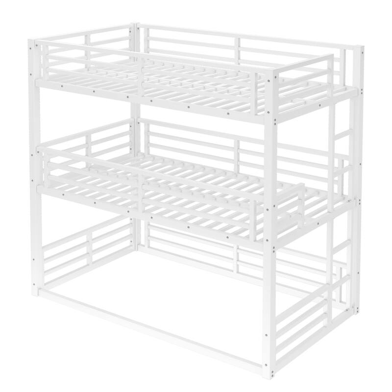 Roomfitters Twin/Full/Queen Metal Triple Bunk Bed with Safety Guardrails, Heavy-Duty Noise-Reduced Frame, White