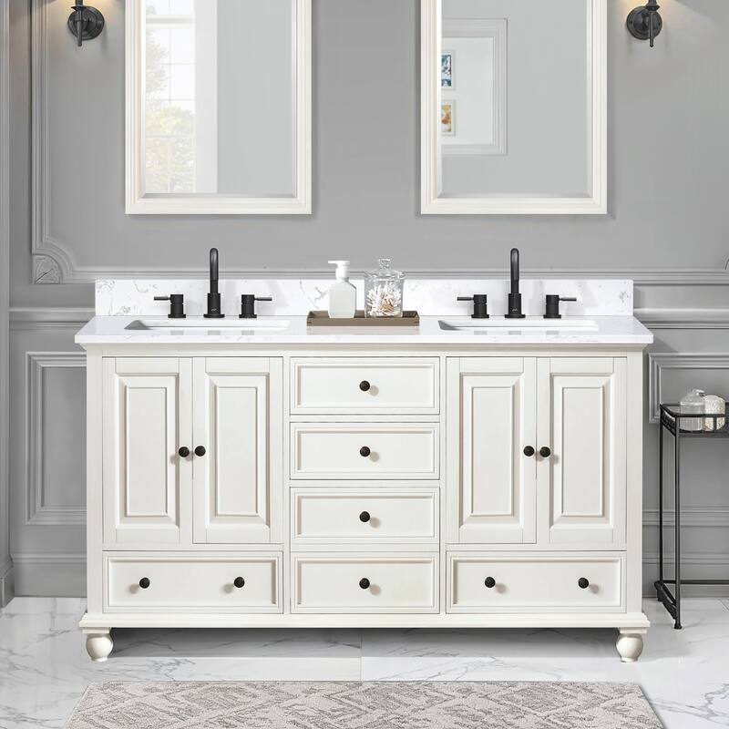 Thompson 60 in. Double Sink Bathroom Vanity with Engineered Stone Top - 61"W x 22"D x 35"H - French White