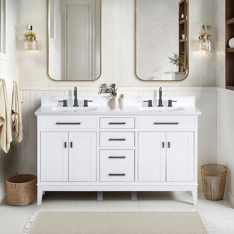 Madison 60 in. Double Sink Bathroom Vanity with Engineered Stone Top - 61" x 22"D x 35"H