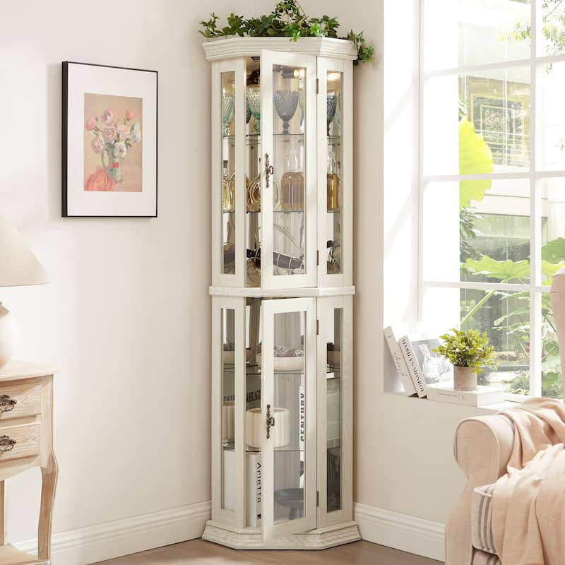Lighted Corner Curio Cabinet - Glass Display Shelf with Tempered Glass Doors, Adjustable Shelving, and Included Bead Bulb