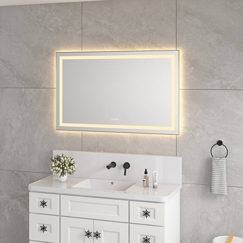 48 x 30 Inch LED Bathroom Mirror with Front and Backlight, Wall Mounted Vanity Mirror with Aluminum Frame, Anti-Fog - Brushed Gold