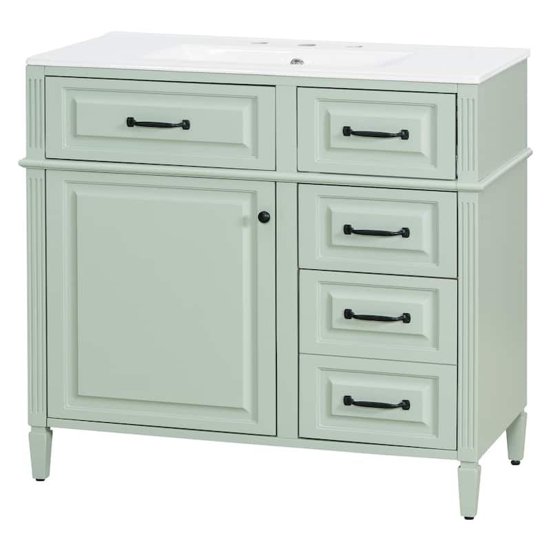 36-Inch Bathroom Vanity with Ceramic Sink Top, Solid Wood Frame and MDF Cabinet,with Adjustable Shelf and Metal Handles