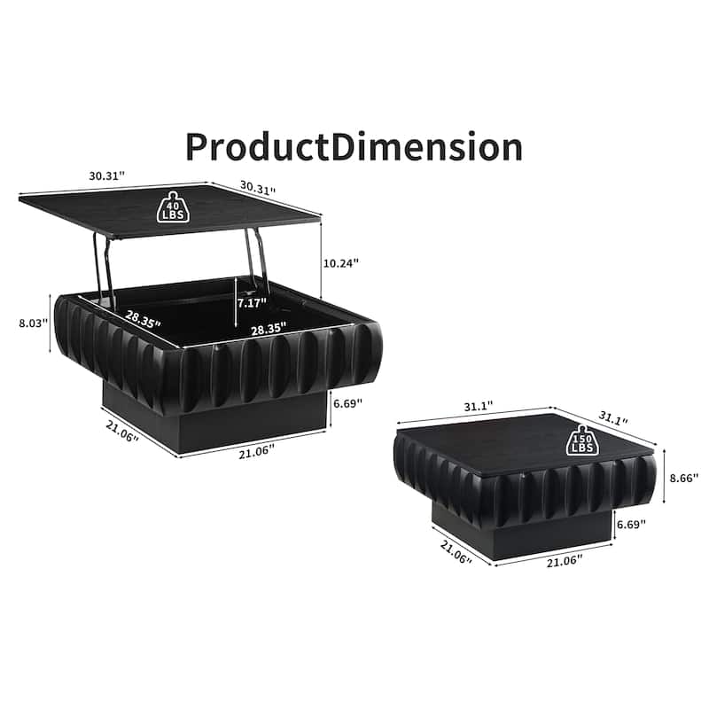 Square Lift-Top Coffee Table with Solid Wood Frame and Hidden Storage