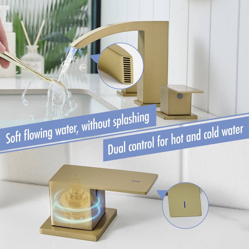 Brushed Gold Dual Handle 3 Holes Waterfall Bathroom Faucet
