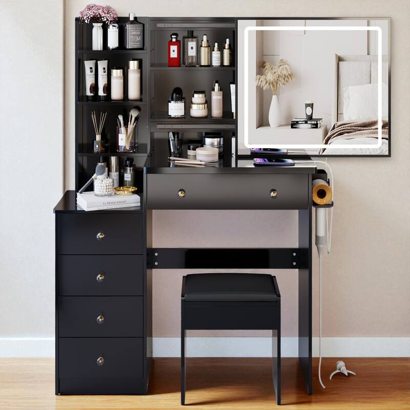 37" Vanity Table with Sliding LED Mirror, Stool, 2 AC & 2 USB Ports, Hair Dryer Stand, Touch Light