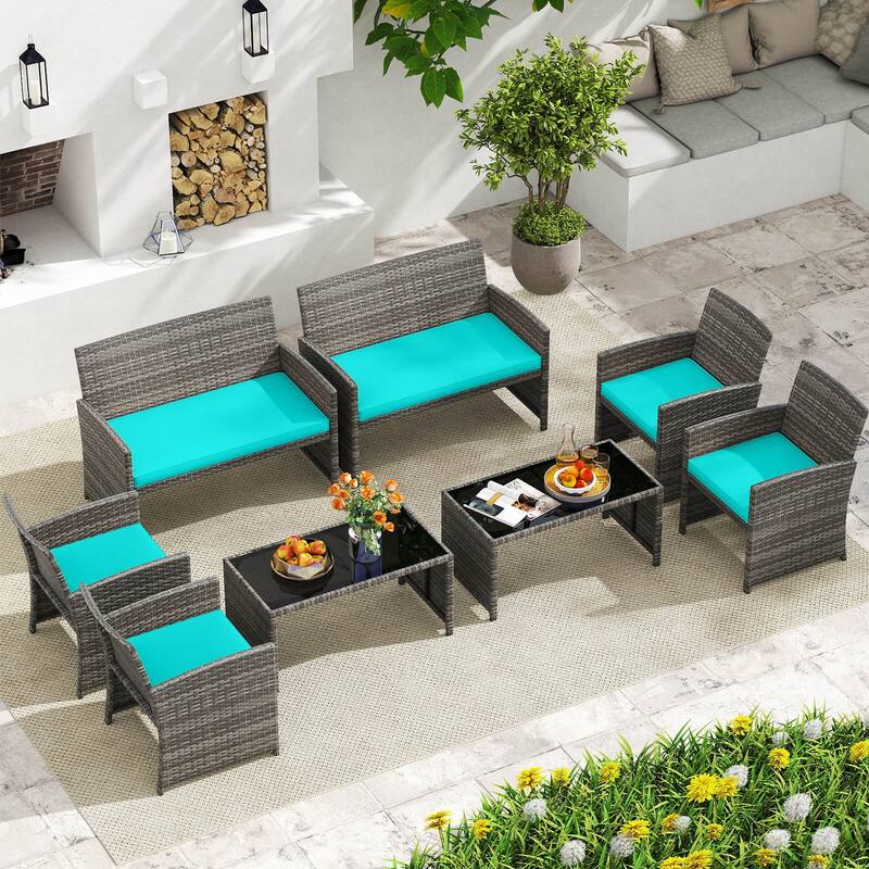 Costway 8 PCS Patio Conversation Set with Seat Cushions & Tempered - See Details - Turquoise + Gray