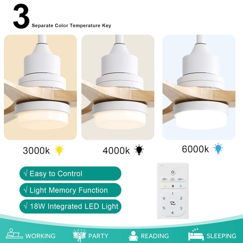 52" Solid Wood Noiseless 3-Blade Ceiling Fans with Dimmable LED Light Optional and Remote, 6-Speed Reversible DC Motor