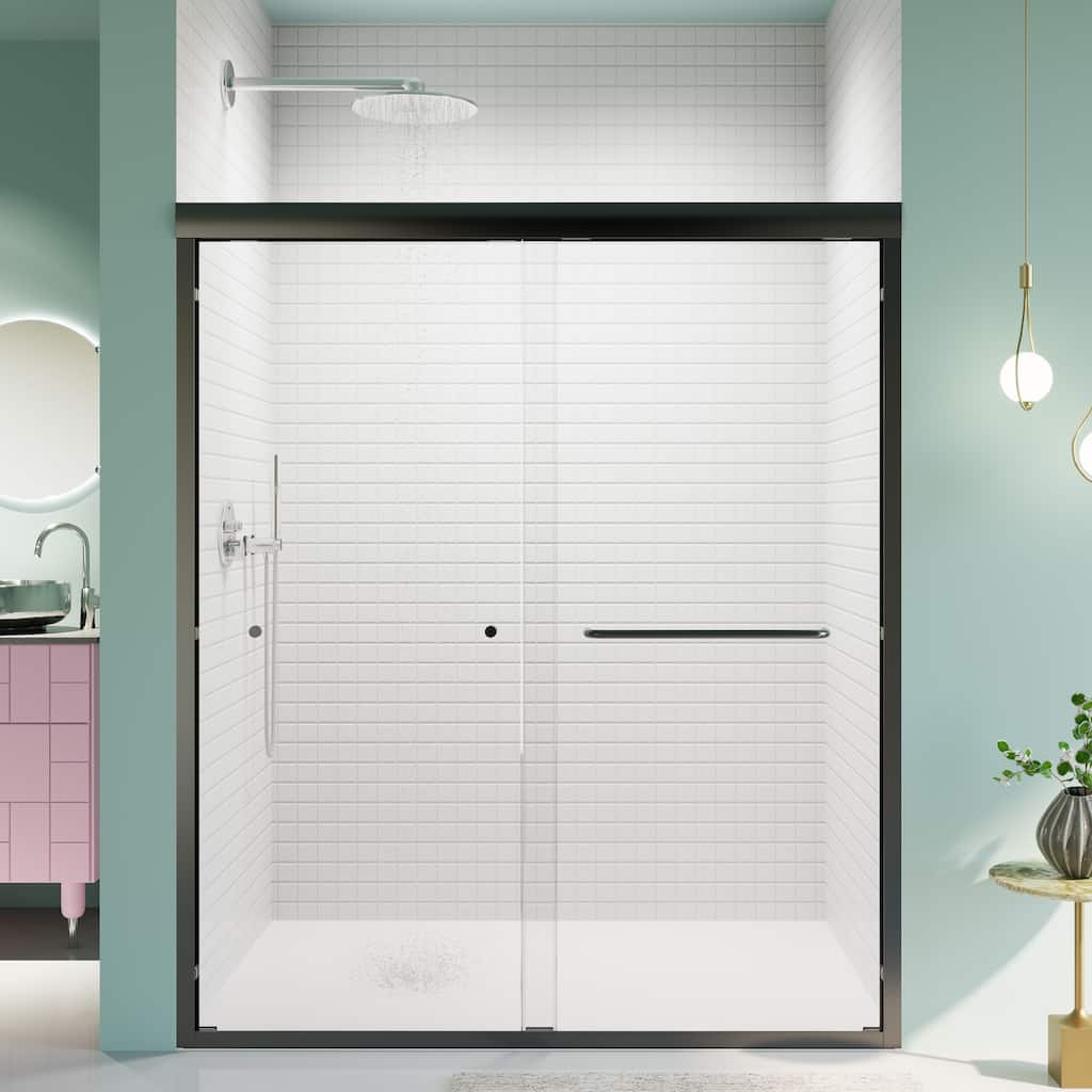56-60" W x 70" H Semi-Frameless Double Sliding Shower Door, Matte Black 6mm Tempered Glass Bypass Design - 60x70"