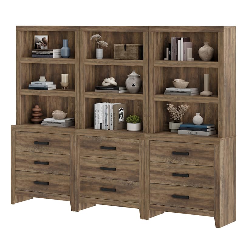 3-Tier Bookshelf with 3 Large Drawers, 74" Tall Farmhouse Bookcase with Wide Metal Handles, for Living Room, Office, Library