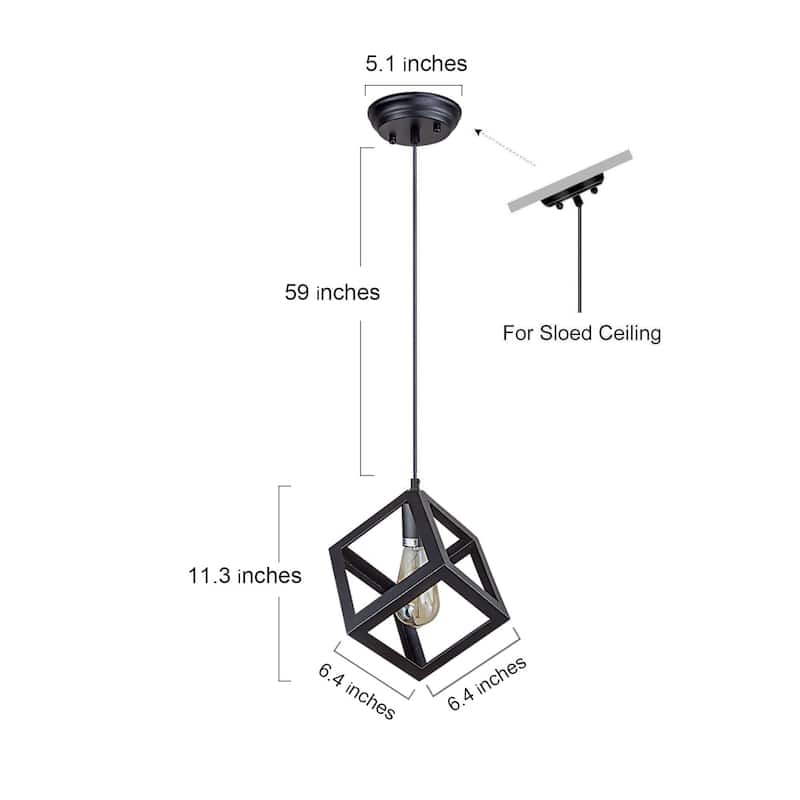 Modern Industrial 1-Light Black Square Pendant Light for Kitchen Island - L6.3"xW6.3"xH6.3"