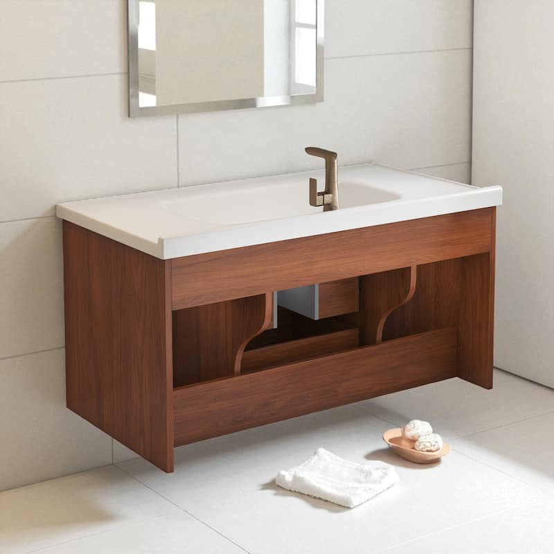 35.4" Mid-Century Modern Bathroom Vanity with Integrated Ceramic Sink and Storage Drawers