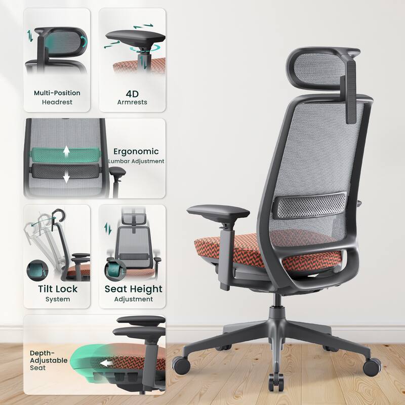 Ergonomic Office Chair, Mesh High Back, 4D Arms, Lumbar Support, Coral