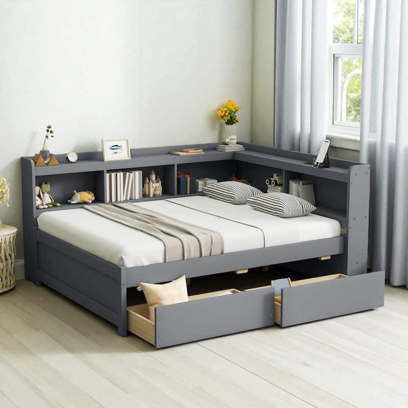 Full Size Bed with L-Shaped Bookcases, Power Outlets, USB Ports and 2 Storage Drawers