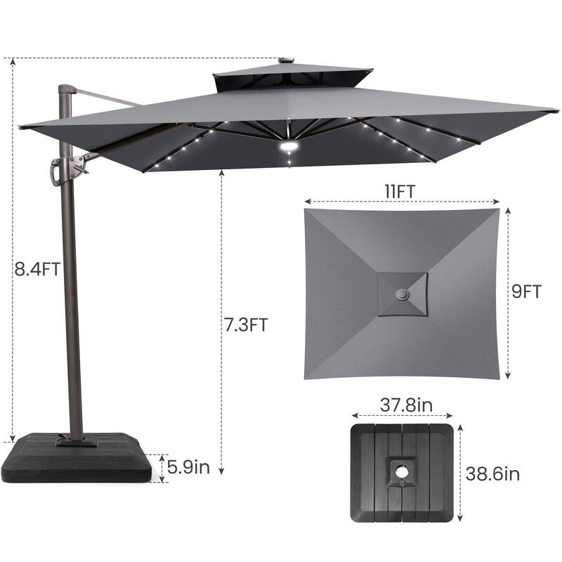 9 x11 FT Cantilever Patio Umbrella with Weighted Base, Double Canopy & LED Lights