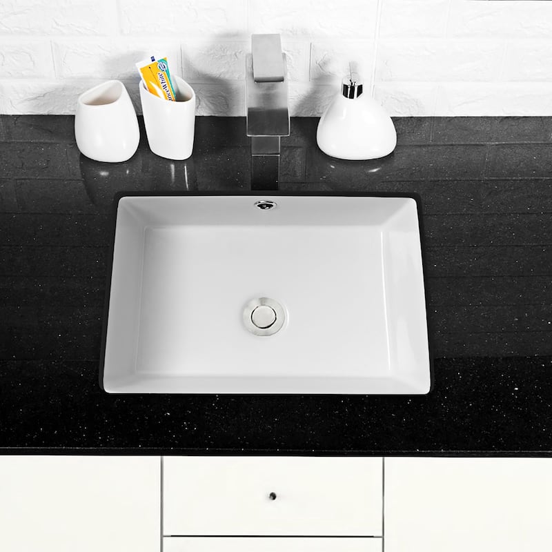 White Ceramic Rectangular Undermount Bathroom Sink with Overflow Hole