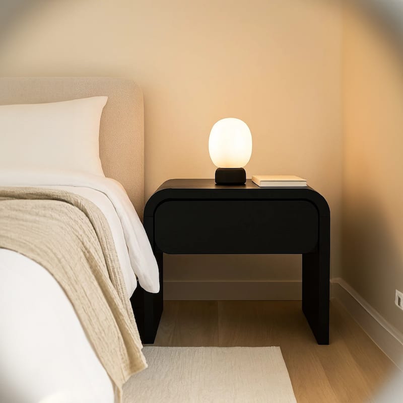 Cave 26 Inch Nightstand, Curved Side Panel, 1 Drawer, Black Wood Finish.