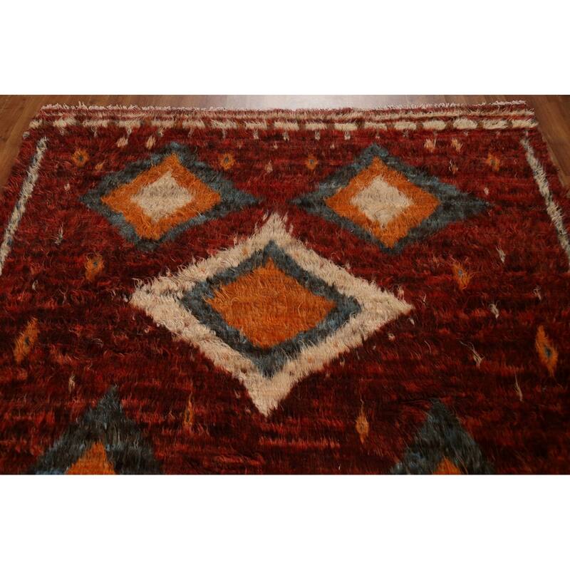 Hand Knotted Oriental 100% Wool Carpet Modern Tribal Red Moroccan Area Rug - 8' 9'' X 6' 4''
