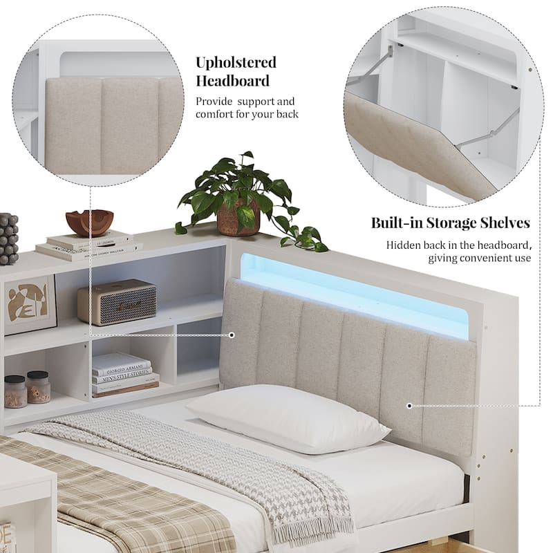 Wood Daybed L-shaped Bookcase Bed with Under-Bed Drawers and Side Bookshelf, Platform Daybed with Desk and Padded Headboard