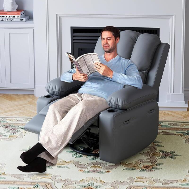 Oversized Manual PU Leather Recliner Sofa Chair with Cup Holders