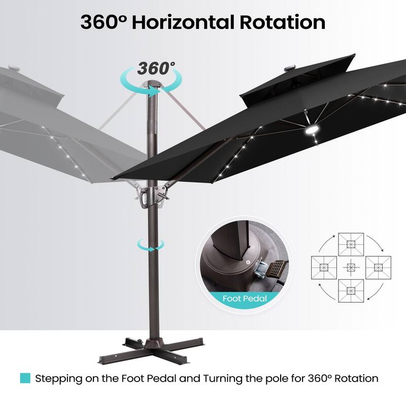 9 x11 FT Cantilever Patio Umbrella with Weighted Base, Double Canopy & LED Lights