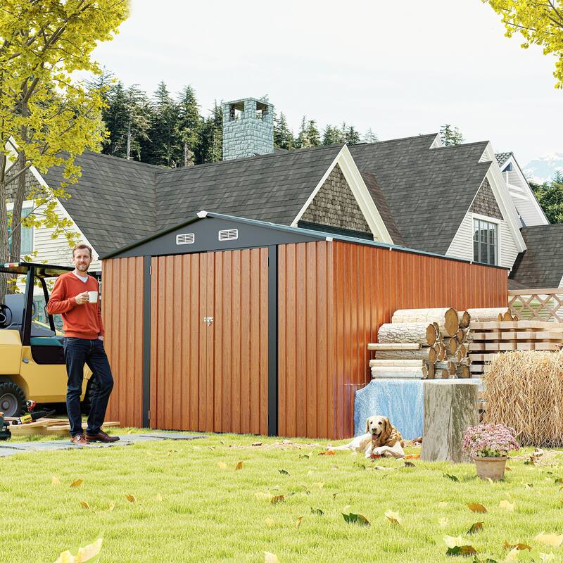 Outdoor Storage Shed 9×11 FT with 3 Lockable Doors,Utility Tool Shed Metal Storage Garden Sheds 4 Vents,Metal Sheds