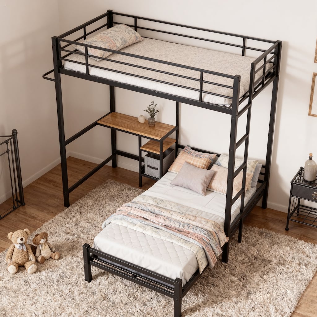 Bunk Bed Twin Over Twin Size with Desk Station L-Shaped Metal Bunk Bed Storage Shelves and Drawers Loft Beds